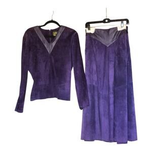 Vintage Liz Roberts Robert Elliott Purple Suede Skirt & Top Set Leather Trim Med